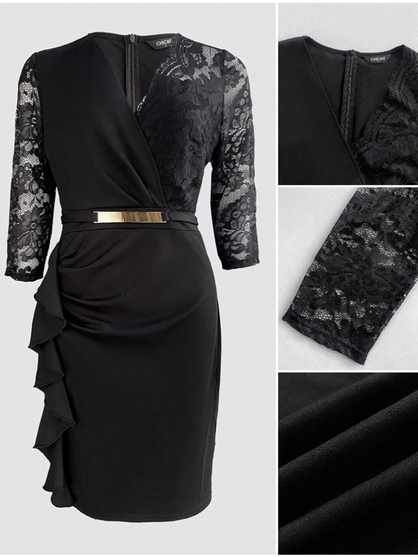ChicMe Women's V-Neck 3/4 Sleeve Lace Patchwork Ruffle Hem Fitted Zipper Back Belted Elegant Evening Gown Spring
