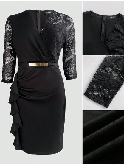 ChicMe Women's V-Neck 3/4 Sleeve Lace Patchwork Ruffle Hem Fitted Zipper Back Belted Elegant Evening Gown Spring