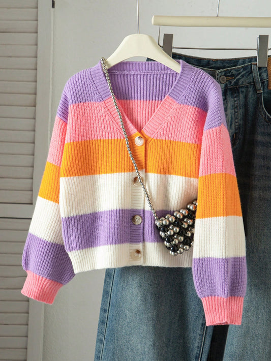 Children's Girls' Long-Sleeved Buttoned V-Neck Rainbow Gradient Color Fall/Winter Cardigan Sweater For Girls. Suitable For Pairing With Halter Tops, M