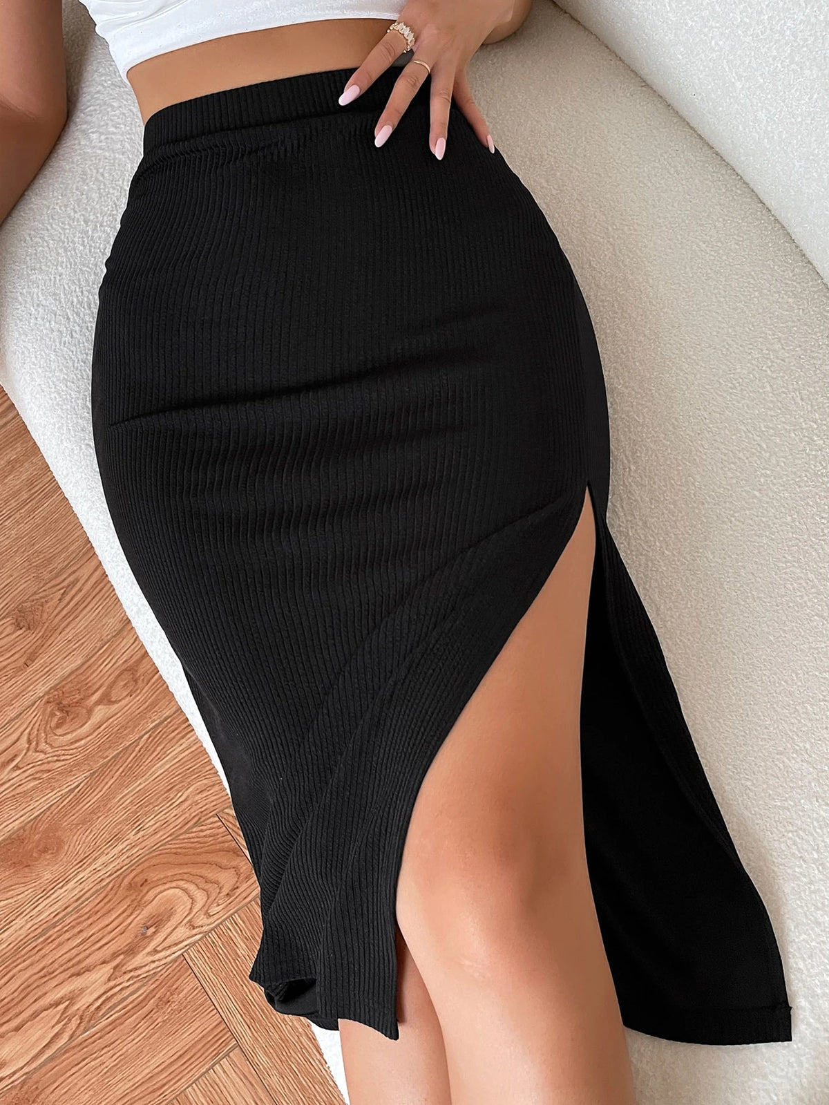 Chiquease High Waist Solid Ribbed Knit Slit Skirt