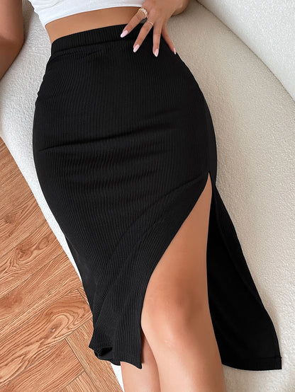 Chiquease High Waist Solid Ribbed Knit Slit Skirt