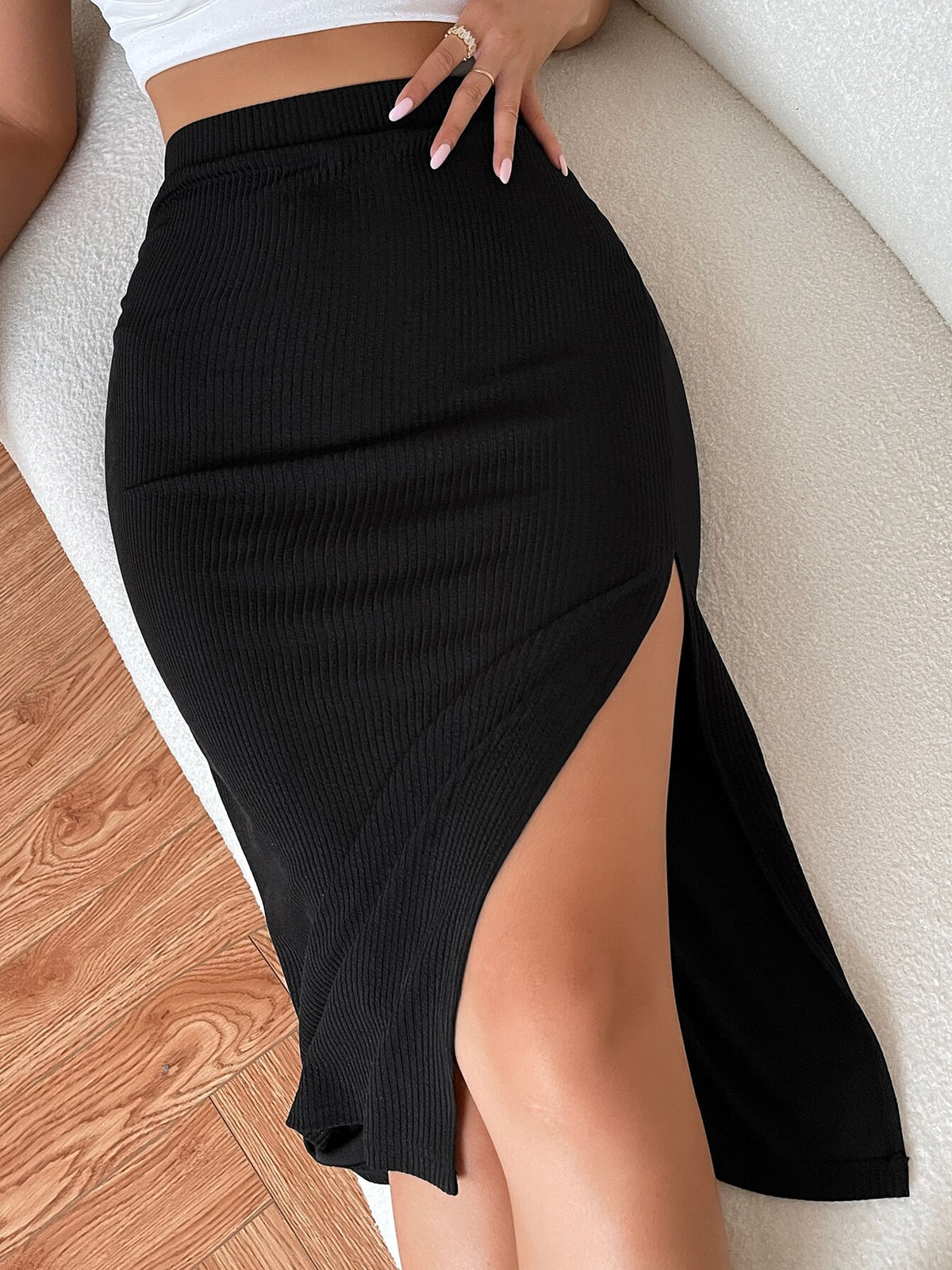 Chiquease High Waist Solid Ribbed Knit Slit Skirt