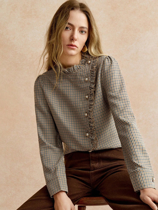 Écloséra Beige,Fall Winter,70s Retro,Office Elegant Women Bow-Tie Long-Sleeved Top,Versatile Commuting Casual Brown Blouse, Chic Thanksgiving New Year