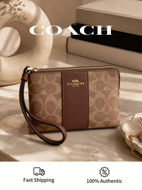 Coach Women's Wallet And Purse,Pouch,Corner Zip Wristlet In Signature Canvas Logo Printed Bags For Women,Lady's Light Luxury Small Bag