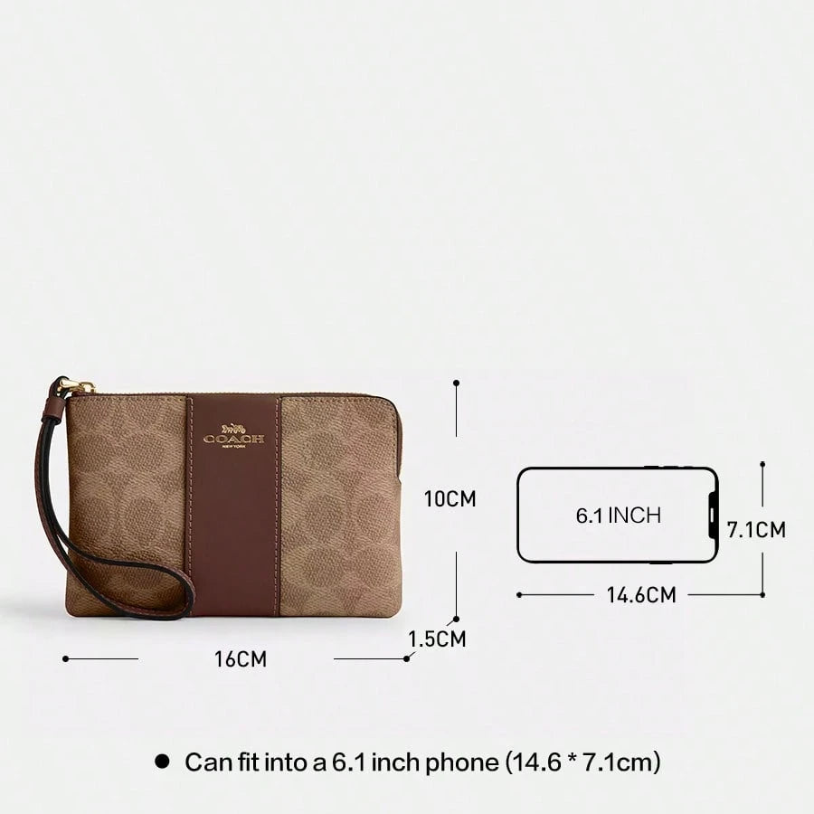 Coach Women's Wallet And Purse,Pouch,Corner Zip Wristlet In Signature Canvas Logo Printed Bags For Women,Lady's Light Luxury Small Bag