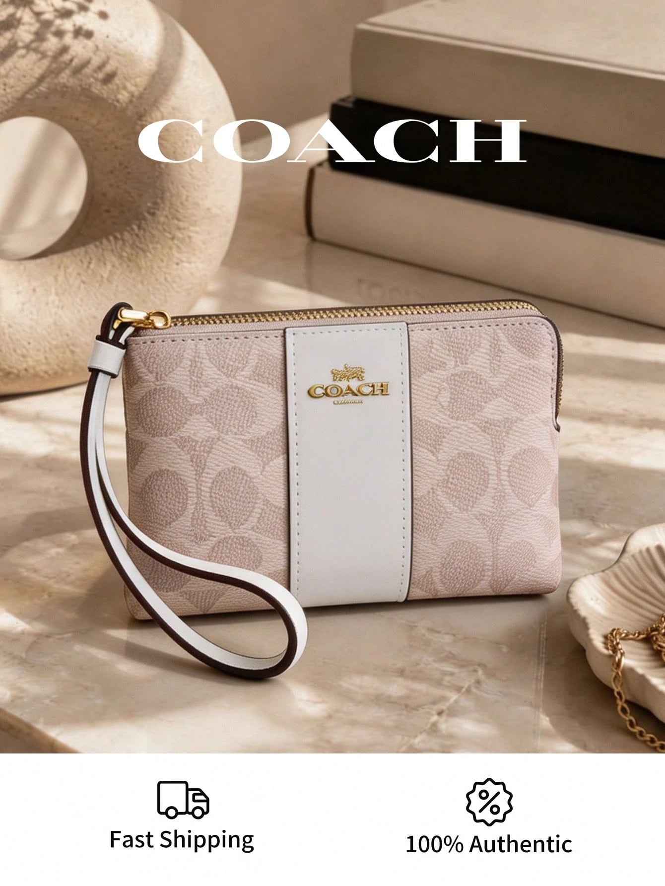 Coach Women's Wallet And Purse,Pouch,Corner Zip Wristlet In Signature Canvas Logo Printed Bags For Women,Lady's Light Luxury Small Bag