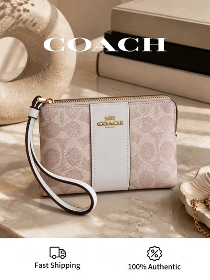Coach Women's Wallet And Purse,Pouch,Corner Zip Wristlet In Signature Canvas Logo Printed Bags For Women,Lady's Light Luxury Small Bag