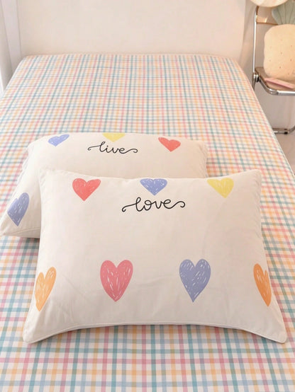 Colorful Heart Pattern Duvet Cover Queen Size- Soft Double Brushed Bedding Set For Girls& Adults, Zipper Closure, 3 Pieces, Includes 1 Duvet Cover (90"X90") & 2 Pillow Shams, NO Comforter