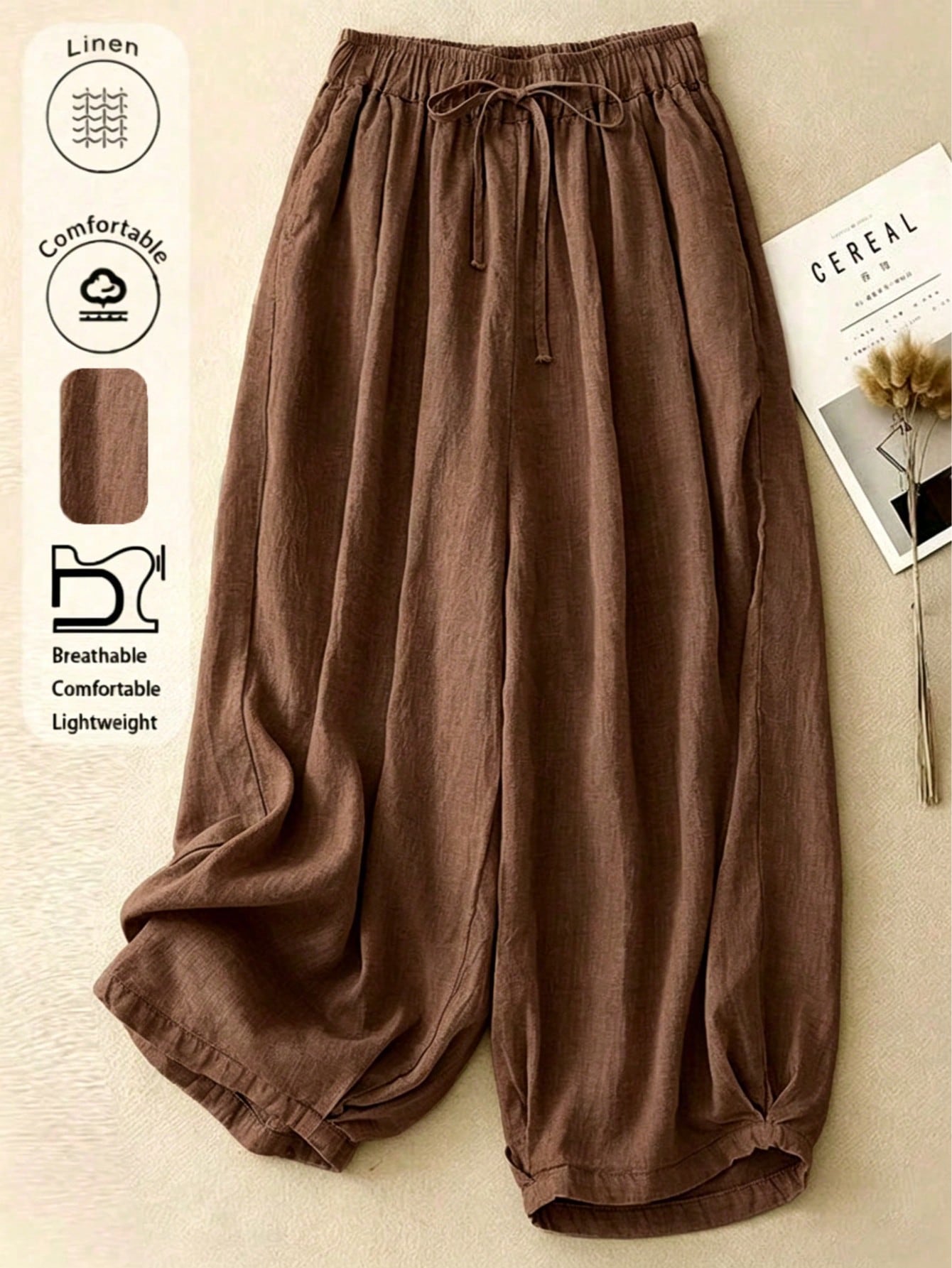 Comfortable Casual High Waist Elastic Linen Drape Pants, Suitable For Autumn & Summer