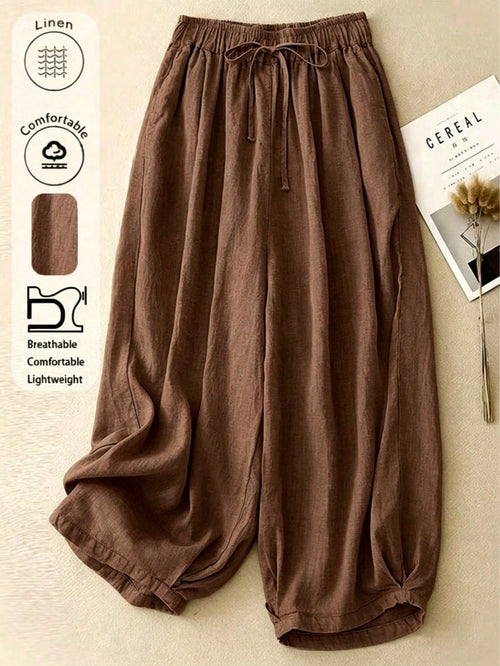 Comfortable Casual High Waist Elastic Linen Drape Pants, Suitable For Autumn & Summer