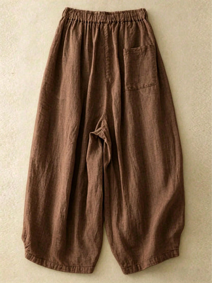Comfortable Casual High Waist Elastic Linen Drape Pants, Suitable For Autumn & Summer