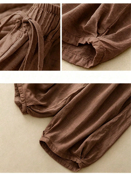 Comfortable Casual High Waist Elastic Linen Drape Pants, Suitable For Autumn & Summer