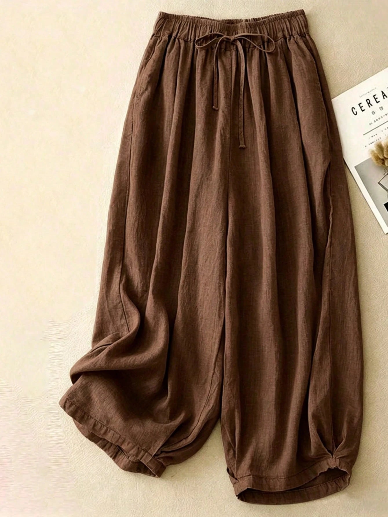 Comfortable Casual High Waist Elastic Linen Drape Pants, Suitable For Autumn & Summer
