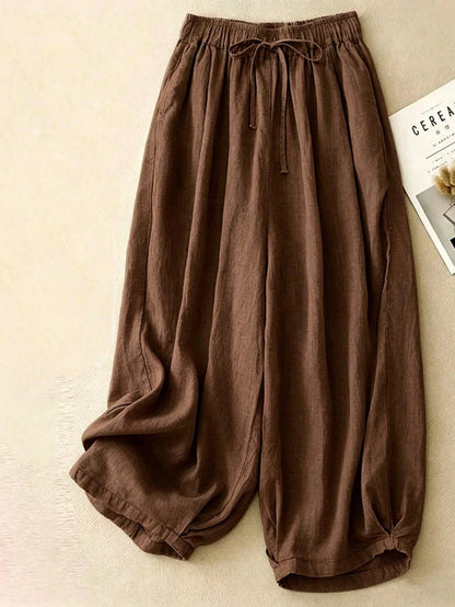 Comfortable Casual High Waist Elastic Linen Drape Pants, Suitable For Autumn & Summer