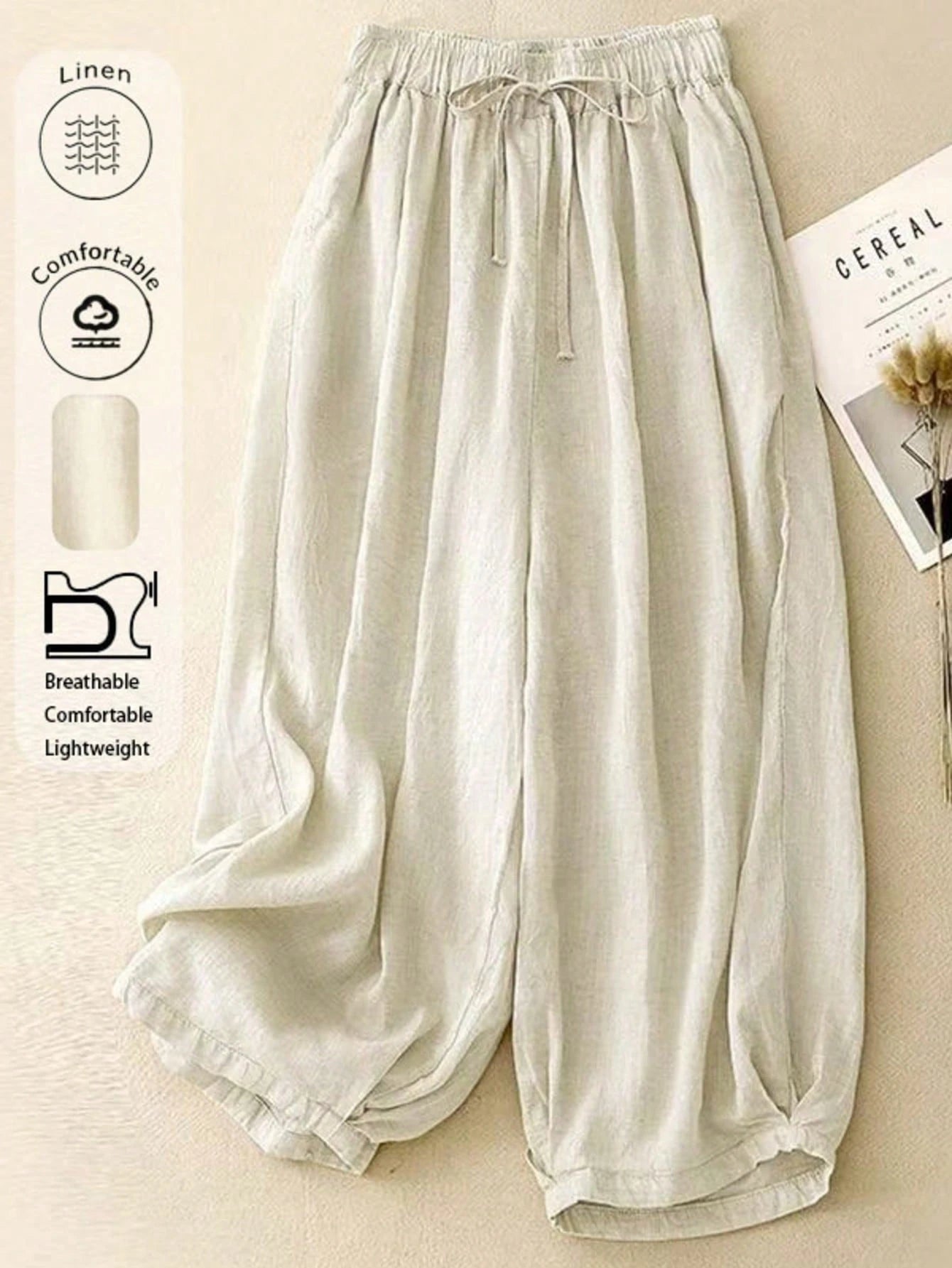 Comfortable Casual High Waist Elastic Linen Drape Pants, Suitable For Autumn & Summer