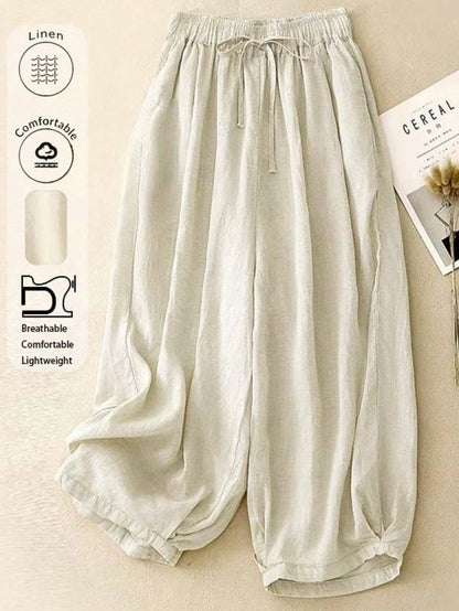 Comfortable Casual High Waist Elastic Linen Drape Pants, Suitable For Autumn & Summer