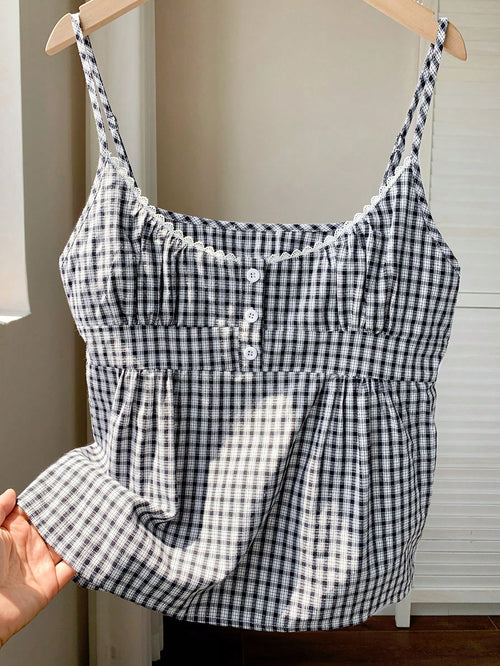Comfortcana Flared Hem Women's Regular Length Plaid Cami Top In Woven Fabric With Button Detail