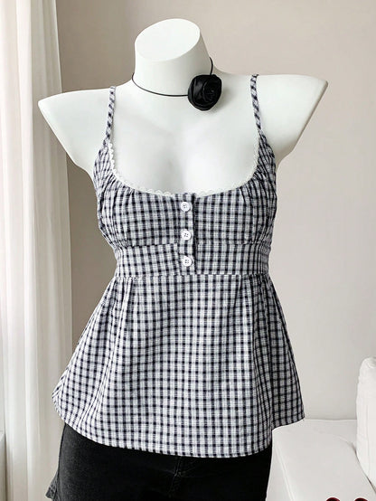 Comfortcana Flared Hem Women's Regular Length Plaid Cami Top In Woven Fabric With Button Detail