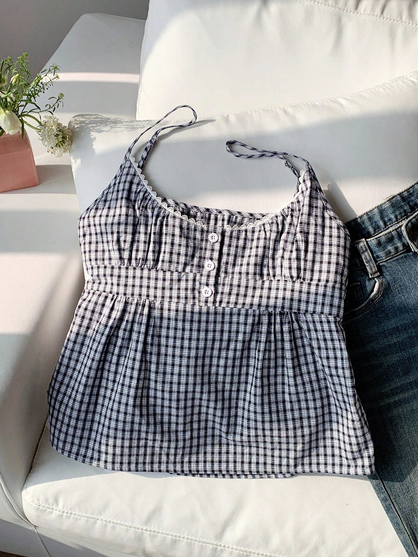 Comfortcana Flared Hem Women's Regular Length Plaid Cami Top In Woven Fabric With Button Detail