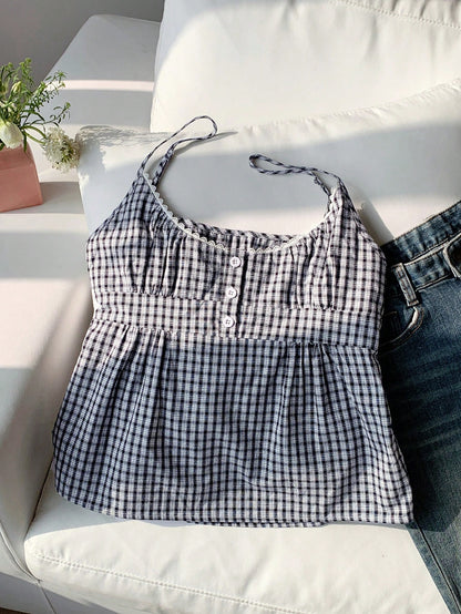 Comfortcana Flared Hem Women's Regular Length Plaid Cami Top In Woven Fabric With Button Detail