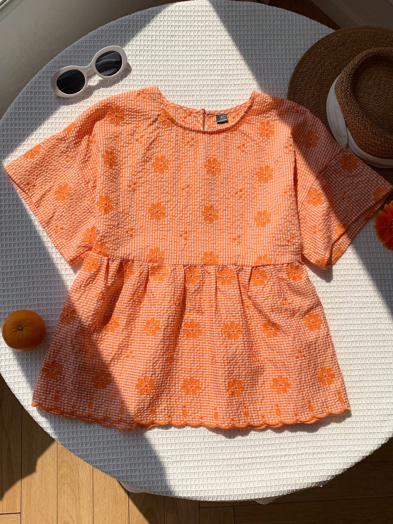 Comfortcana Orange And White Plaid Floral Embroidered Casual Boho Cute Women's Shirt Vacation Summer