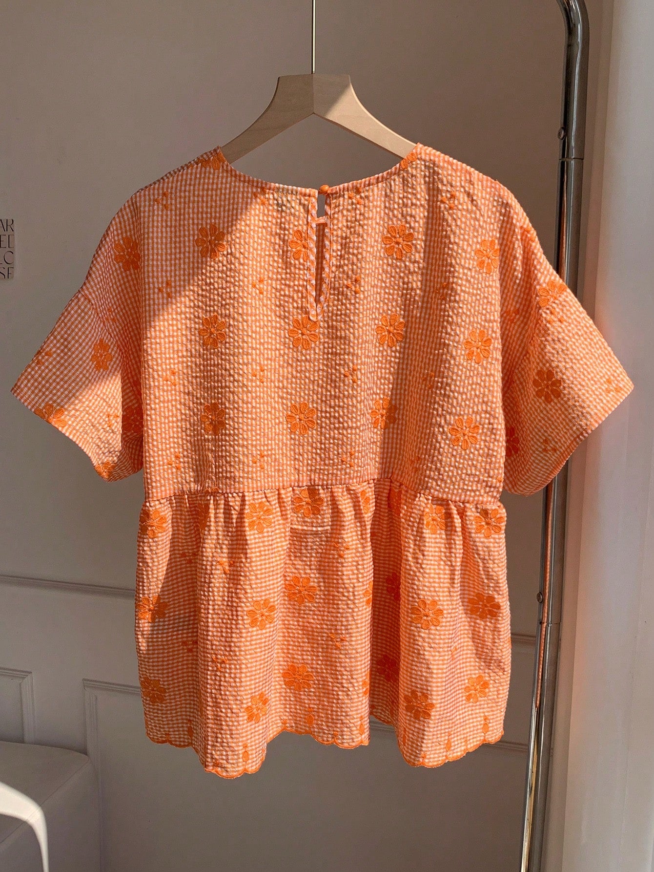 Comfortcana Orange And White Plaid Floral Embroidered Casual Boho Cute Women's Shirt Vacation Summer