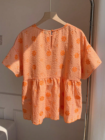 Comfortcana Orange And White Plaid Floral Embroidered Casual Boho Cute Women's Shirt Vacation Summer