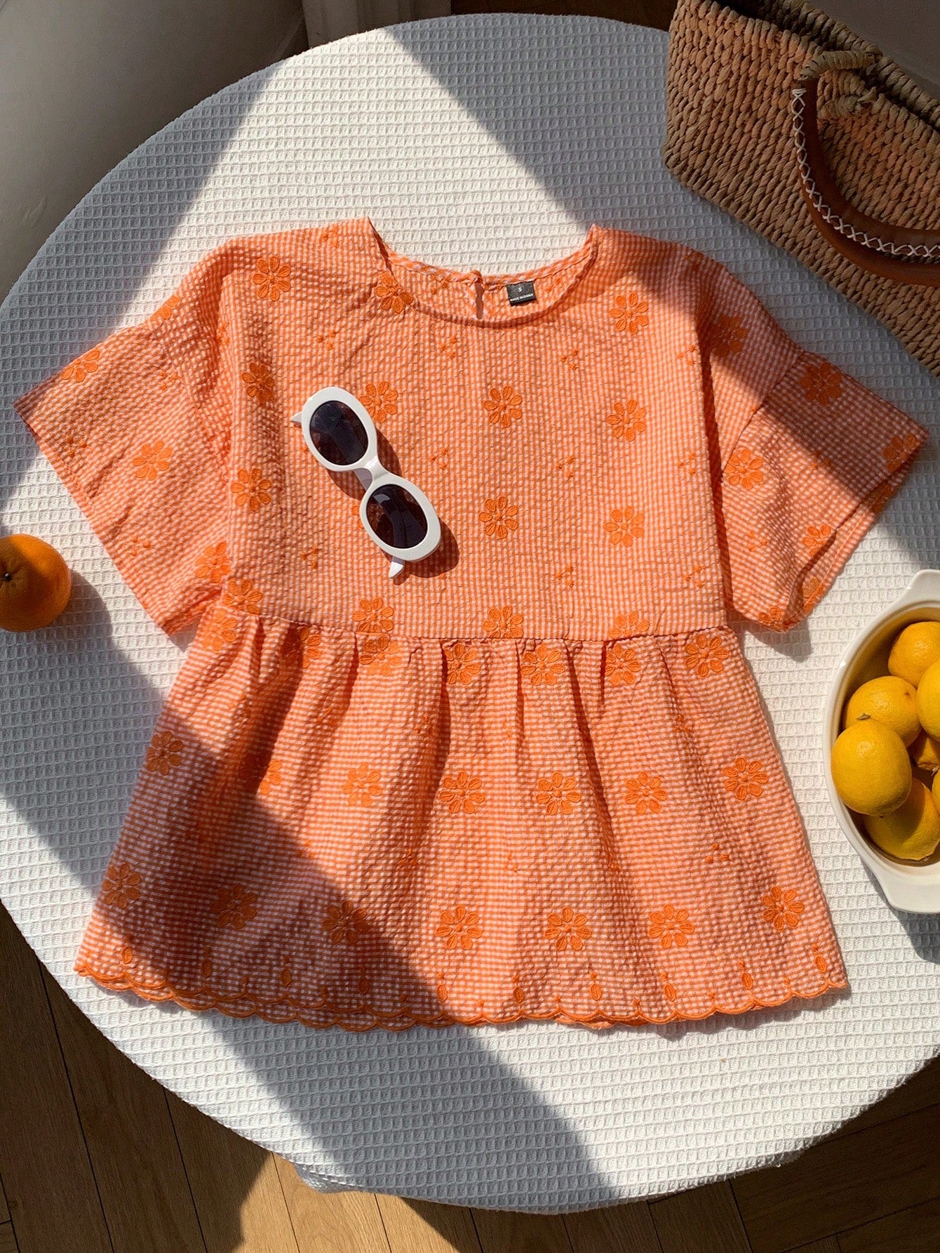 Comfortcana Orange And White Plaid Floral Embroidered Casual Boho Cute Women's Shirt Vacation Summer