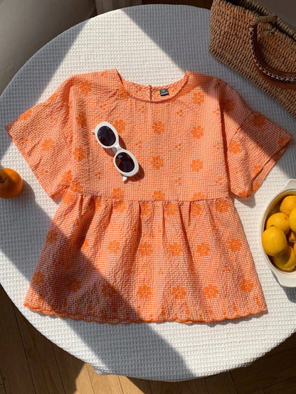 Comfortcana Orange And White Plaid Floral Embroidered Casual Boho Cute Women's Shirt Vacation Summer