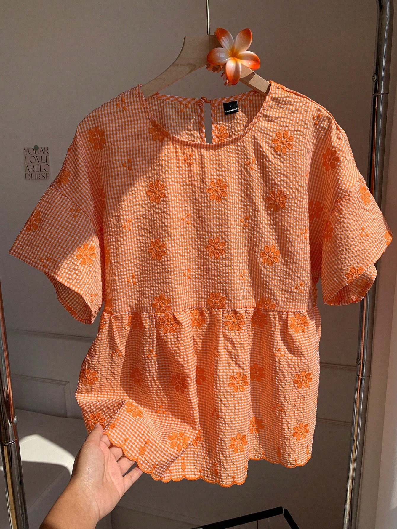 Comfortcana Orange And White Plaid Floral Embroidered Casual Boho Cute Women's Shirt Vacation Summer