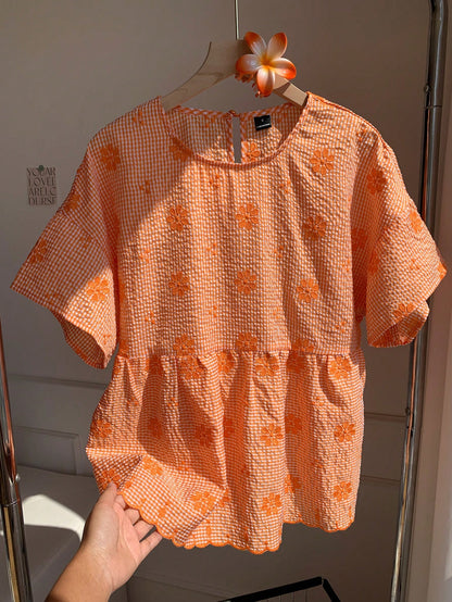 Comfortcana Orange And White Plaid Floral Embroidered Casual Boho Cute Women's Shirt Vacation Summer
