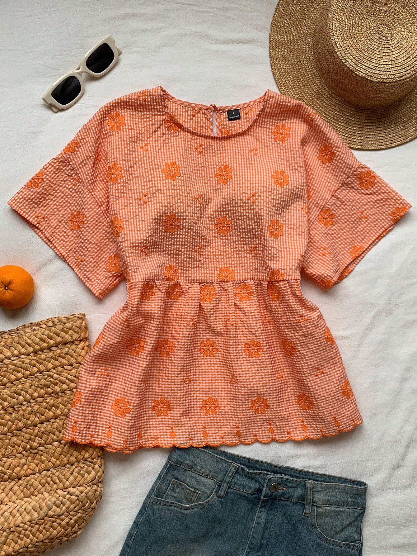 Comfortcana Orange And White Plaid Floral Embroidered Casual Boho Cute Women's Shirt Vacation Summer