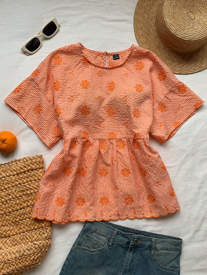 Comfortcana Orange And White Plaid Floral Embroidered Casual Boho Cute Women's Shirt Vacation Summer