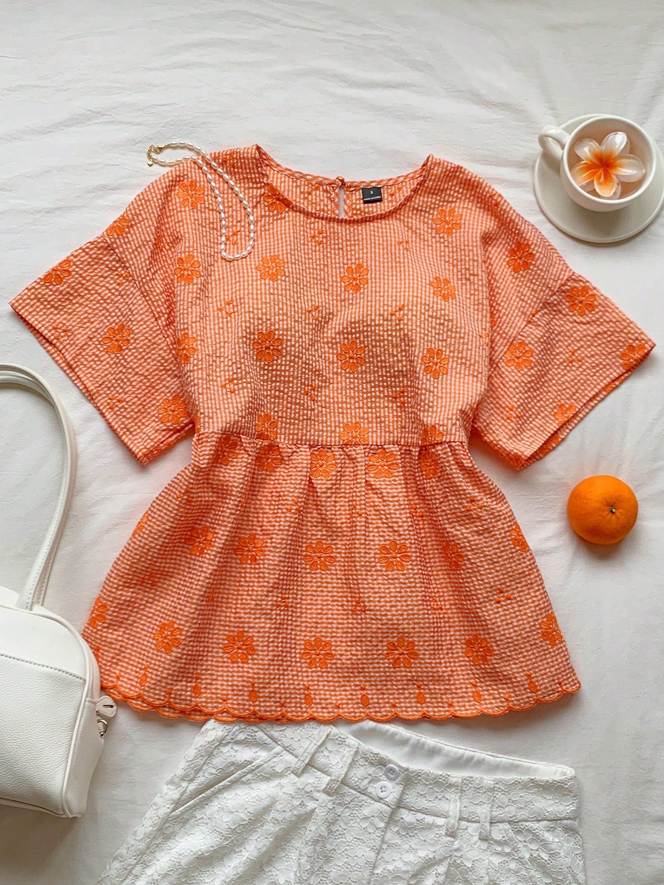 Comfortcana Orange And White Plaid Floral Embroidered Casual Boho Cute Women's Shirt Vacation Summer