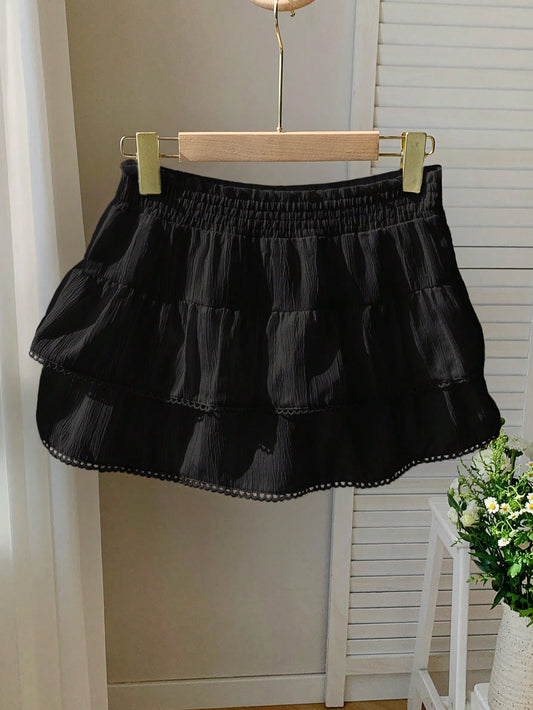 Comfortcana Regular Black Weave Patchwork Lace Casual Women Skirt Skirts For Women Summer Cute Skirts For Women