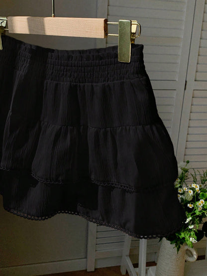 Comfortcana Regular Black Weave Patchwork Lace Casual Women Skirt Skirts For Women Summer Cute Skirts For Women