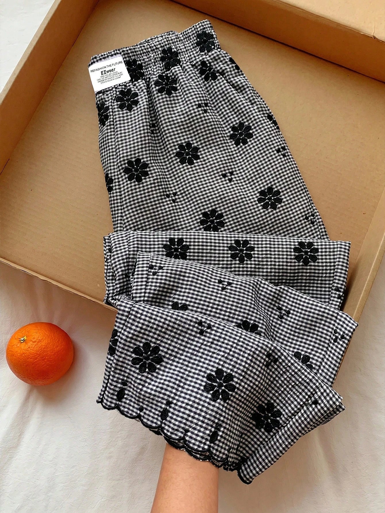 Comfortcana Women's Black And White Checkered Flower Embroidery Wide Leg Pants,Summer Cute Home Casual Vacation Beach Y2k Elegant Ruffle Fringe High Waist Pants