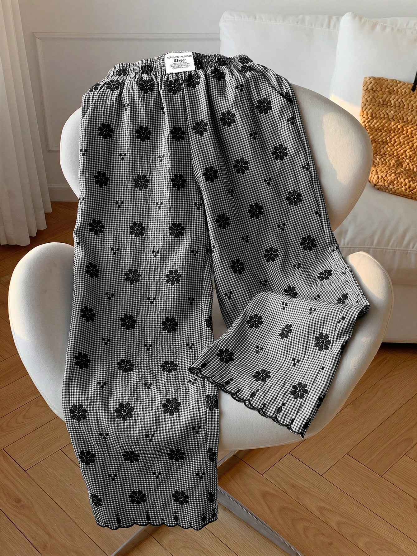 Comfortcana Women's Black And White Checkered Flower Embroidery Wide Leg Pants,Summer Cute Home Casual Vacation Beach Y2k Elegant Ruffle Fringe High Waist Pants