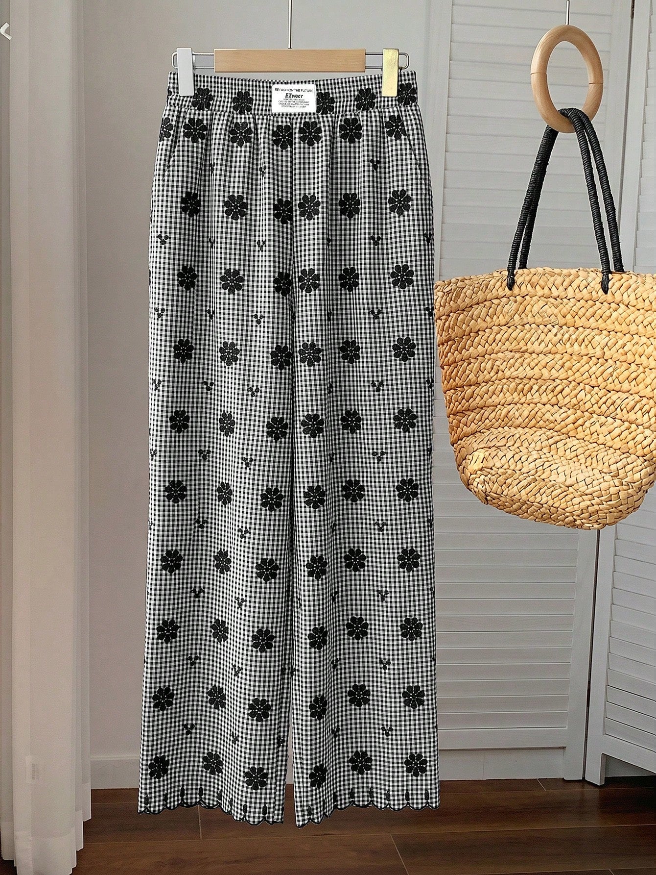 Comfortcana Women's Black And White Checkered Flower Embroidery Wide Leg Pants,Summer Cute Home Casual Vacation Beach Y2k Elegant Ruffle Fringe High Waist Pants