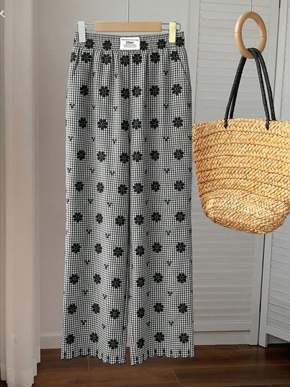 Comfortcana Women's Black And White Checkered Flower Embroidery Wide Leg Pants,Summer Cute Home Casual Vacation Beach Y2k Elegant Ruffle Fringe High Waist Pants