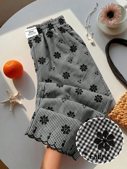 Comfortcana Women's Black And White Checkered Flower Embroidery Wide Leg Pants,Summer Cute Home Casual Vacation Beach Y2k Elegant Ruffle Fringe High Waist Pants
