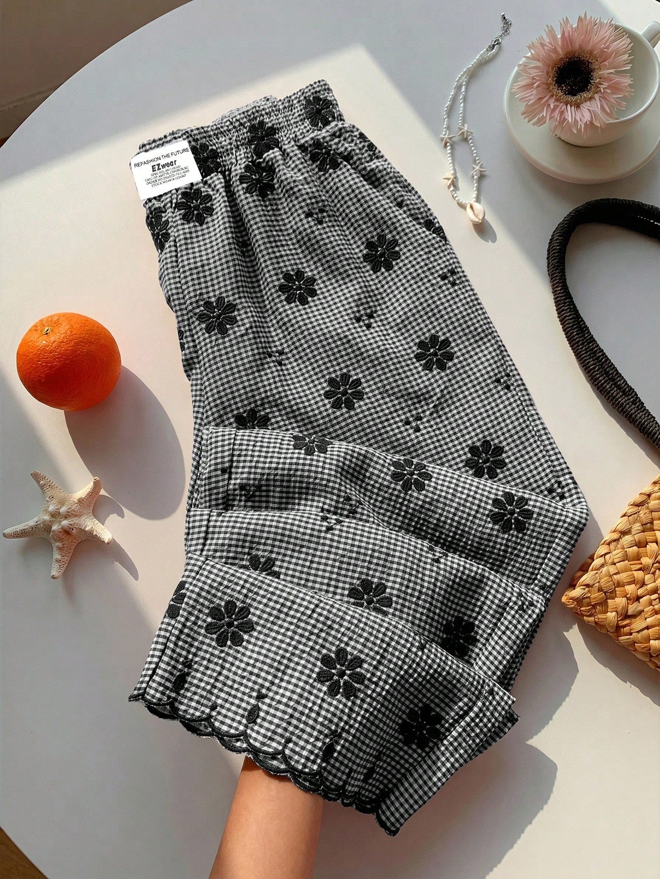 Comfortcana Women's Black And White Checkered Flower Embroidery Wide Leg Pants,Summer Cute Home Casual Vacation Beach Y2k Elegant Ruffle Fringe High Waist Pants
