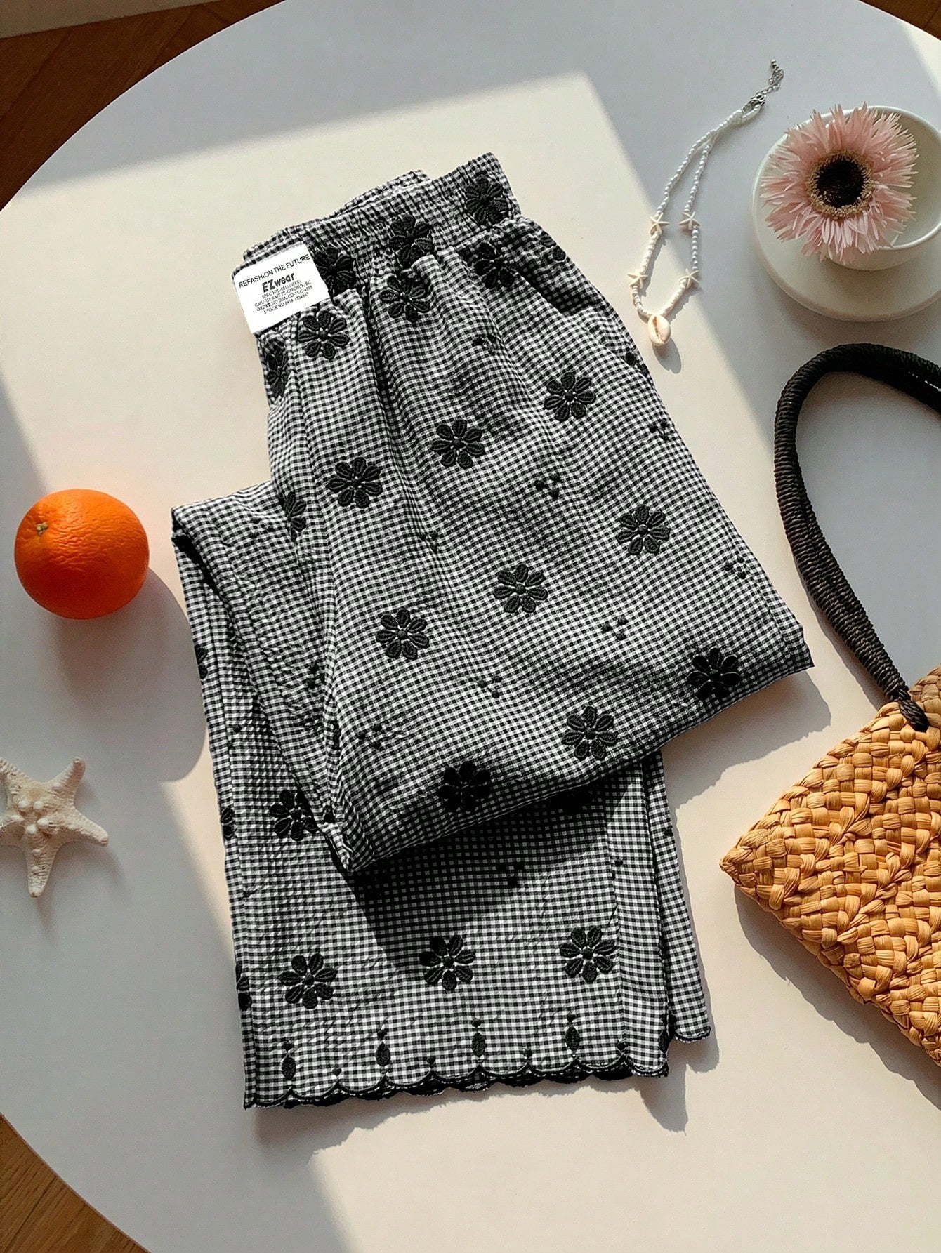 Comfortcana Women's Black And White Checkered Flower Embroidery Wide Leg Pants,Summer Cute Home Casual Vacation Beach Y2k Elegant Ruffle Fringe High Waist Pants
