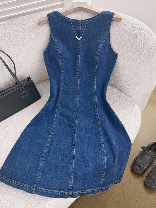 Comfortcana Women's Denim Dresses Backless Dresses Blue Dresses Short Dresses Vest Dresses Women's Dresses Women's Summer Round Neck Backless Tie Up Sleeveless Denim Dress Summer Dresses For Women Sum