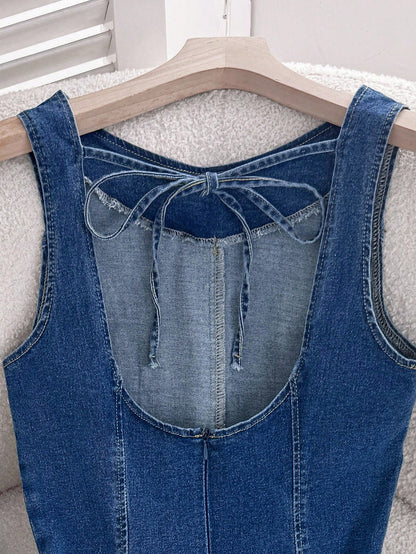 Comfortcana Women's Denim Dresses Backless Dresses Blue Dresses Short Dresses Vest Dresses Women's Dresses Women's Summer Round Neck Backless Tie Up Sleeveless Denim Dress Summer Dresses For Women Sum