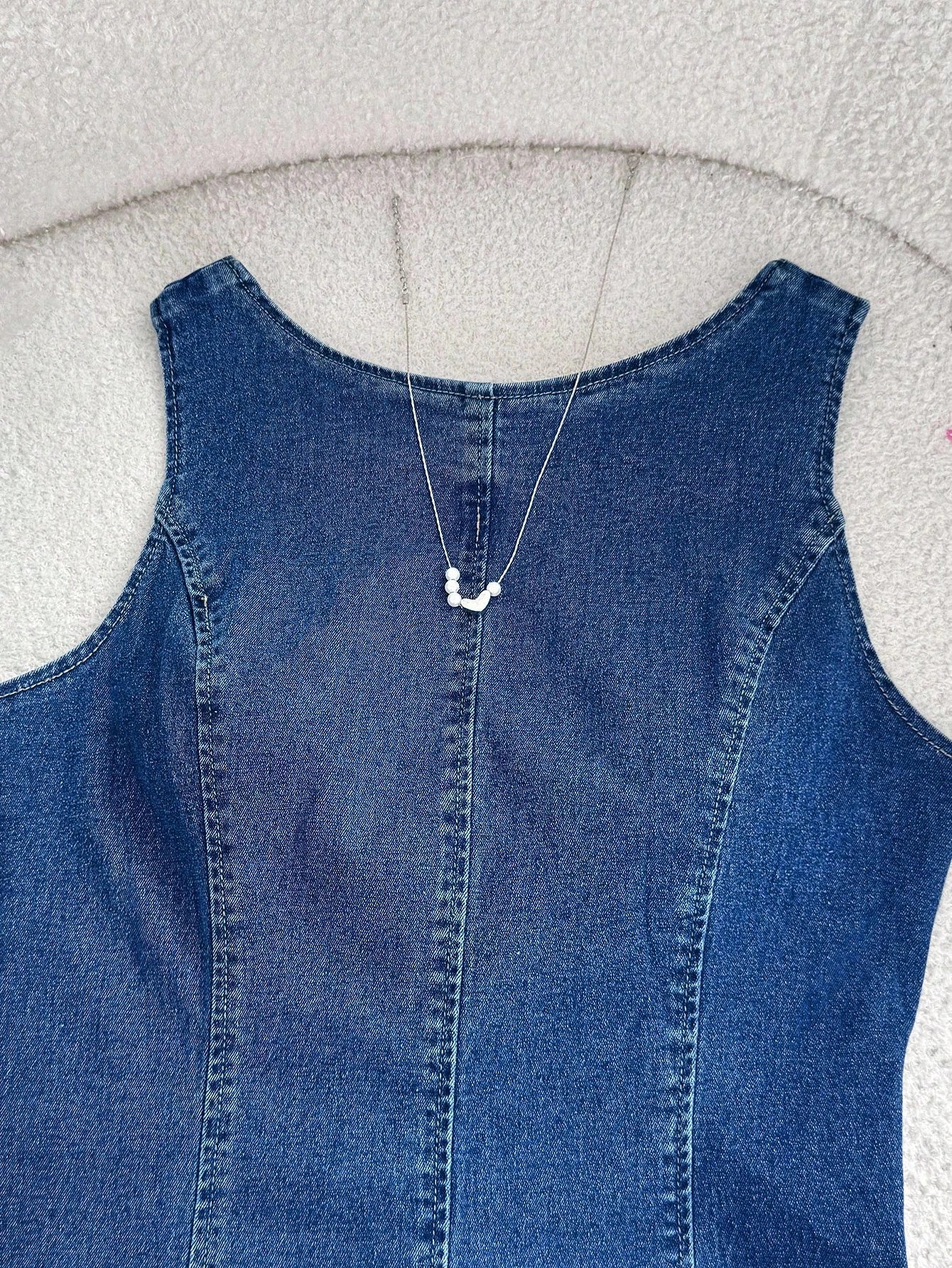 Comfortcana Women's Denim Dresses Backless Dresses Blue Dresses Short Dresses Vest Dresses Women's Dresses Women's Summer Round Neck Backless Tie Up Sleeveless Denim Dress Summer Dresses For Women Sum