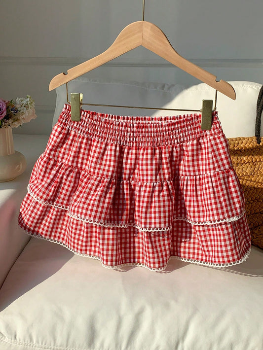 Comfortcana Women's Plaid Casual Cute Versatile Date Picnic Outing Cake Mini Skirt Autumn For Women Back-To-School Red And White Plaid