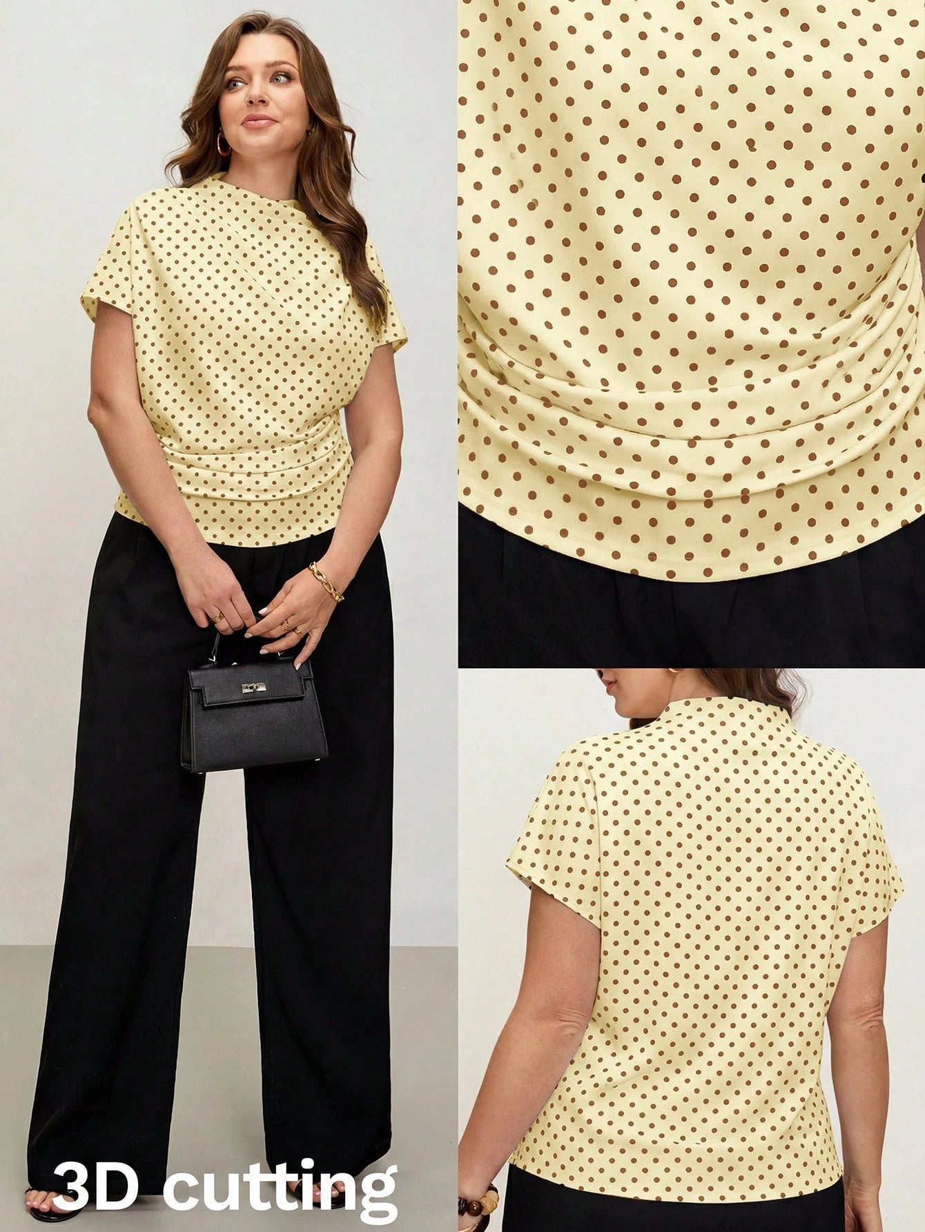 Comfylo 3D Cut Pleated Slim Fit Plus Size Women's Yellow Print T-Shirt Party Summer Elegant