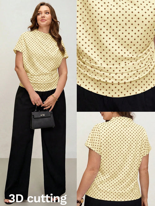 Comfylo 3D Cut Pleated Slim Fit Plus Size Women's Yellow Print T-Shirt Party Summer Elegant