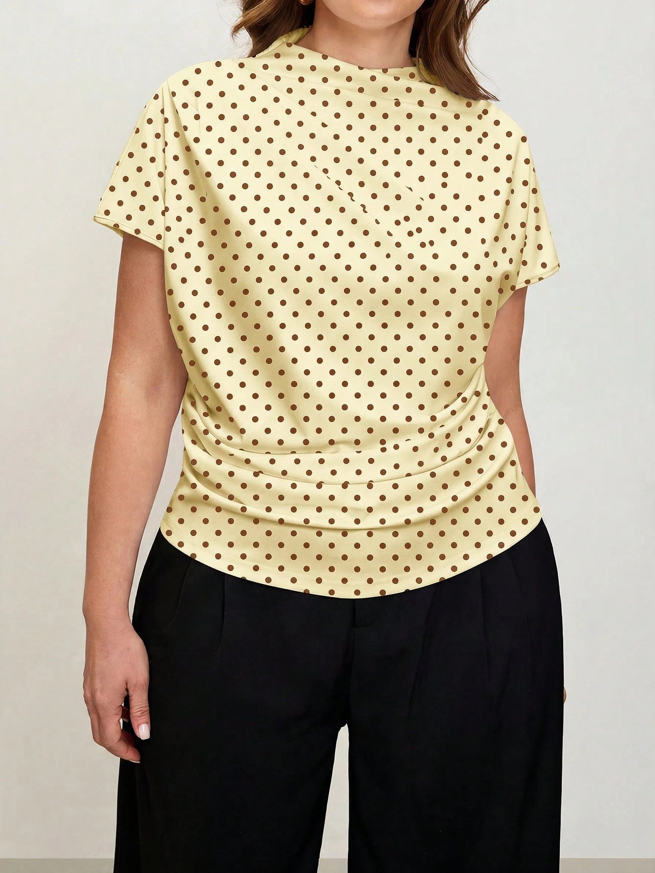 Comfylo 3D Cut Pleated Slim Fit Plus Size Women's Yellow Print T-Shirt Party Summer Elegant